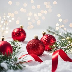 Elegant Christmas scene with vibrant red ornaments nestled in snow with bokeh lights, perfect for holiday cards and festive promotions