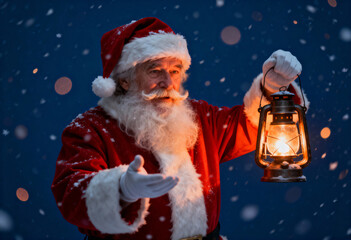 Man in Santa costume holding lantern in falling snow