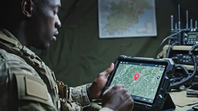 Black soldier using tablet for military drone operation with location tracking. Army man in desert camouflage working on tactical mission.