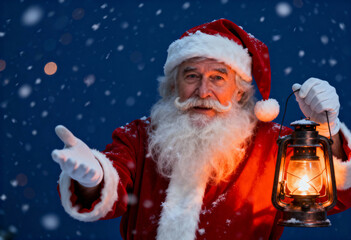 Man in Santa costume holding lantern in falling snow