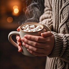 Cozy winter vibes with hot chocolate and marshmallows held by warm hands in a chunky knit sweater creating a comforting seasonal scene