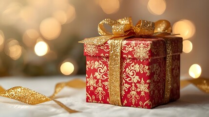 Festive red and gold gift box with bokeh lights background for Christmas.