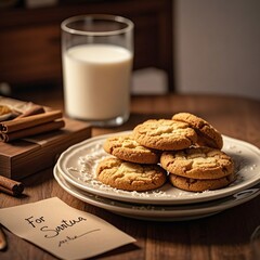 Delicious Christmas sugar cookies and milk ready for Santa's arrival on a rustic wooden table, a cozy holiday scene