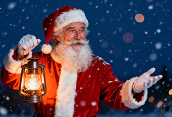Man in Santa costume holding lantern in falling snow