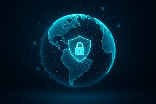 Global cybersecurity and data protection — glowing shield with lock over a connected digital planet