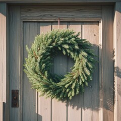 Elegant evergreen wreath hanging on rustic wooden door welcomes guests with festive cheer and natural beauty for holiday season design projects