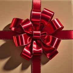 Luxurious red satin bow gracefully adorns a wrapped present, perfect for holiday greetings and celebratory moments this festive season
