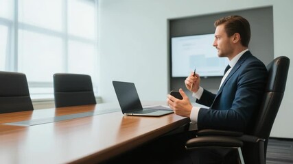 Confident businessman in formal suit attending virtual meeting in modern office conference room. Professional workspace with laptop, large screen, and bright natural lighting. - Powered by Adobe