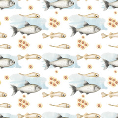 Watercolor sea fish animal seamless pattern, ocean fish and eggs repeat paper, wild life print