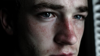 Obraz premium Close-Up of Young Man’s Face Showing Deep Sadness and Emotional Intensity