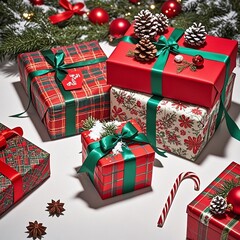Stunning Christmas presents wrapped with festive ribbons, ready to celebrate the holidays in style for an elegant, cozy winter season
