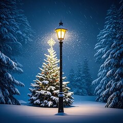 Magical Christmas tree glows beneath vintage lamppost in snowy winter wonderland, perfect for holiday greetings and festive promotions