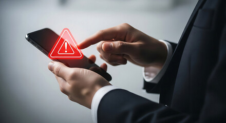 Urgent mobile alert showing danger symbol on smartphone screen, businessman concerned about security breach or malware infection, digital risk management