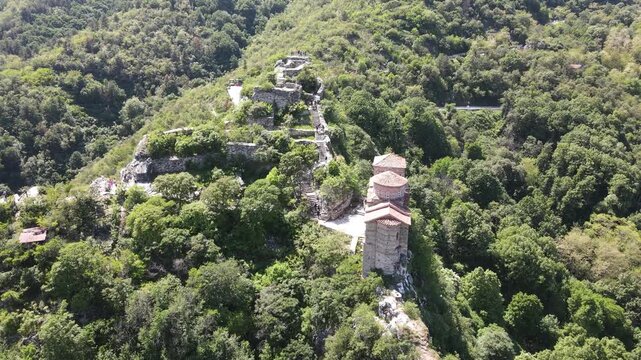 Aerial Spring view of Church of the Holy Mother of God at ruins of Medieval Asen Fortress, Asenovgrad, Plovdiv Region, Bulgaria