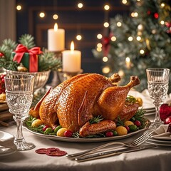Celebrate holiday traditions with a stunning roasted turkey centerpiece on a festive Christmas table, perfect for family gatherings and warm memories