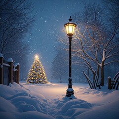 Enchanting winter wonderland scene with illuminated Christmas tree and vintage street lamp glowing softly under falling snow at dusk