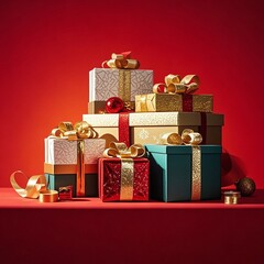 Stunning festive gift boxes stacked high with glittering ribbons for joyous holiday celebrations and corporate thank you gifts on red