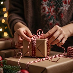 Woman wrapping Christmas gifts with rustic charm, creating a cozy and festive holiday atmosphere with natural paper and striped twine