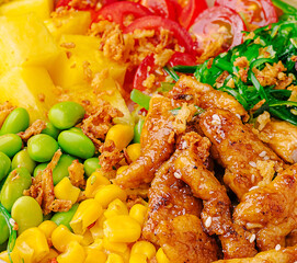 Delicious colorful salad bowl with fresh ingredients and grilled chicken