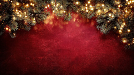 Christmas background with red surface, candies, pine brunches, gifts and glass ornaments.