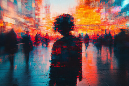 Generative AI glitch art of person silhouette against urban lights and digital rain in abstract futuristic style