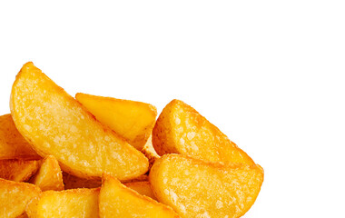 Crispy golden potato wedges piled up in a delicious heap