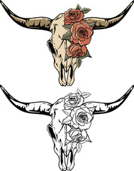 Longhorn Skull with Roses Floral Vector Illustration