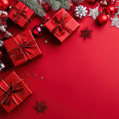 Christmas background with red surface, candies, pine brunches, gifts and glass ornaments.