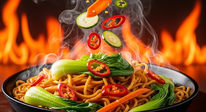 Stir Fry Noodles with Falling Vegetables and Fiery Background.