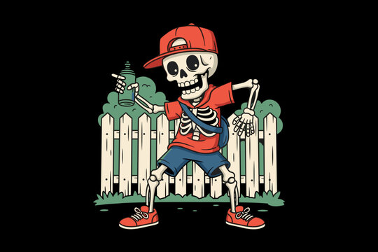 Cartoon Skeleton Rapper Spray Painting a Fence.