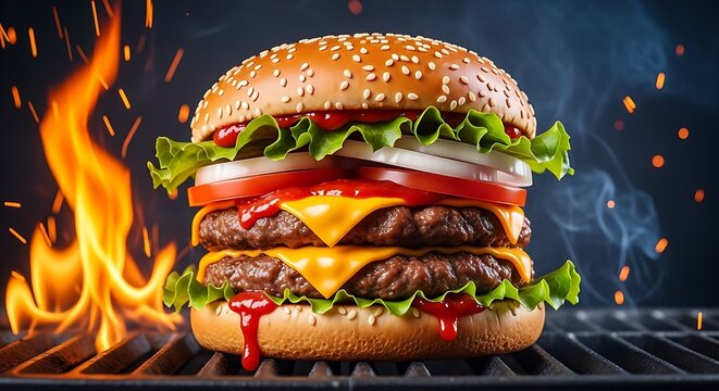 Mouthwatering double cheeseburger on grill with flames, a culinary delight. - Powered by Adobe