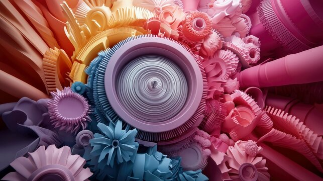 An abstract composition of various geometric shapes in pastel colors, creating a visually interesting and vibrant artwork. - Powered by Adobe