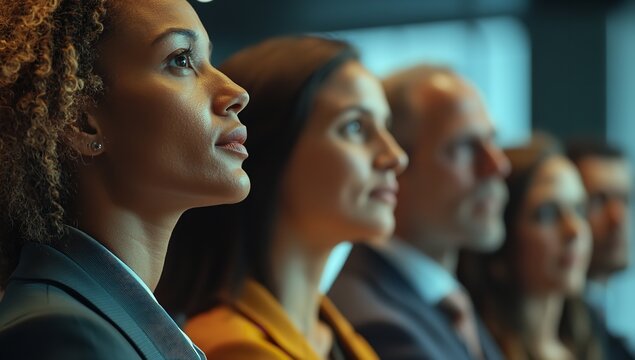 Group of diverse professionals looking up attentively during a presentation or conference event setting