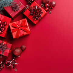 Christmas background with red surface, candies, pine brunches, gifts and glass ornaments.