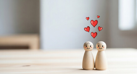 Adorable wooden figures in love with hand-drawn red hearts perfect for Valentine's Day cards, wedding invitations, and sweet romantic messages