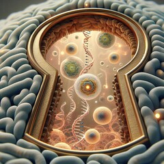 Cellular Portal: A Glassmorphic Keyhole View into a Living Biological Cell's Intricate Interior