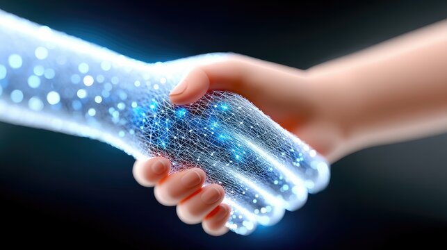 A human hand clasps a futuristic, glowing digital arm made of a network of lines and bright blue particles. The background is dark and blurred.