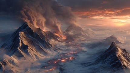 An aerial view of a volcanic eruption amid snow-covered mountains, with fiery lava flows and smoke against a colorful sky