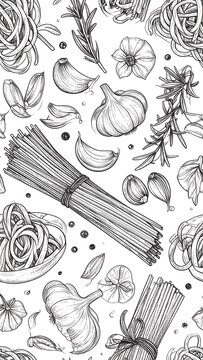 Seamless pattern of hand-drawn pasta and herbs