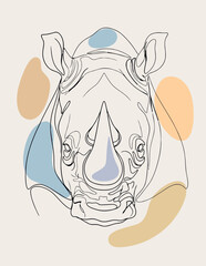 Modern Rhinoceros Head One Line Art Portrait. Minimalist Rhino Vector Illustration with Abstract Pastel Shapes.