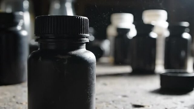 Collection of dark opaque bottles on gritty surface scientific environment