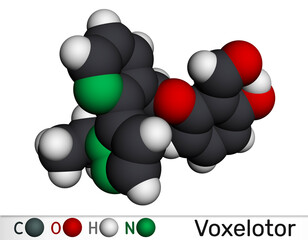Voxelotor molecule, haemoglobin modifier. Drug used for the treatment of sickle cell disease. Molecular model. 3D rendering. Illustration