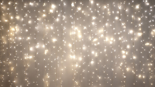 A background of many small warm white lights hanging down in a curtain like arrangement indoors