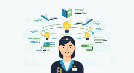 Conceptual illustration of a woman surrounded by books and lightbulbs representing knowledge, learning, and new ideas.