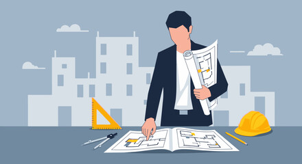 Architect reviewing blueprints, planning construction, and designing a building project with tools.