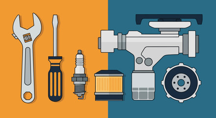 Flat vector illustration of automotive tools and car spare parts for maintenance and repair service.