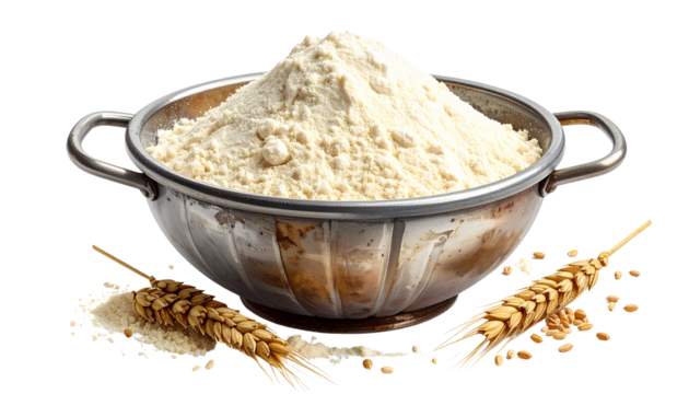 Semolina flour in a metal bowl, a pile of durum wheat grain for cooking, baking, bread, and pasta making isolated on solid white background1