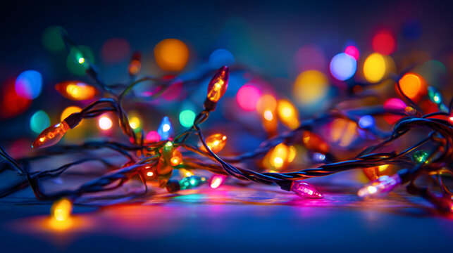 Close up of colorful christmas lights with bokeh effect on a dark blue background festive and bright