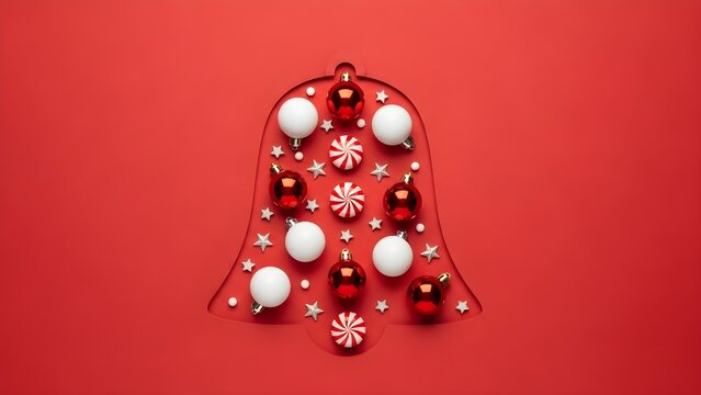 Red paper cut bell displays ornaments and candy. Product photography, poster design. - Powered by Adobe