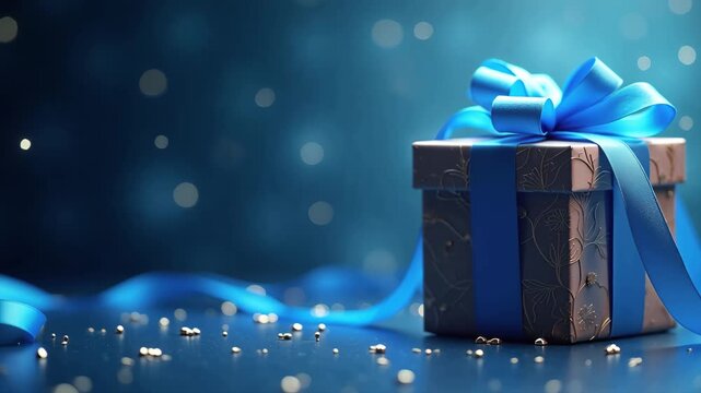Gift box with blue ribbon in a festive bokeh setting. Celebration present for birthday and anniversary. New year and Christmas